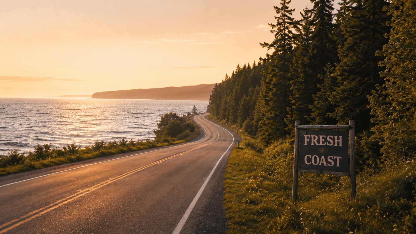 Lake Huron coastal road at golden hour with the Fresh Coast roadside sign