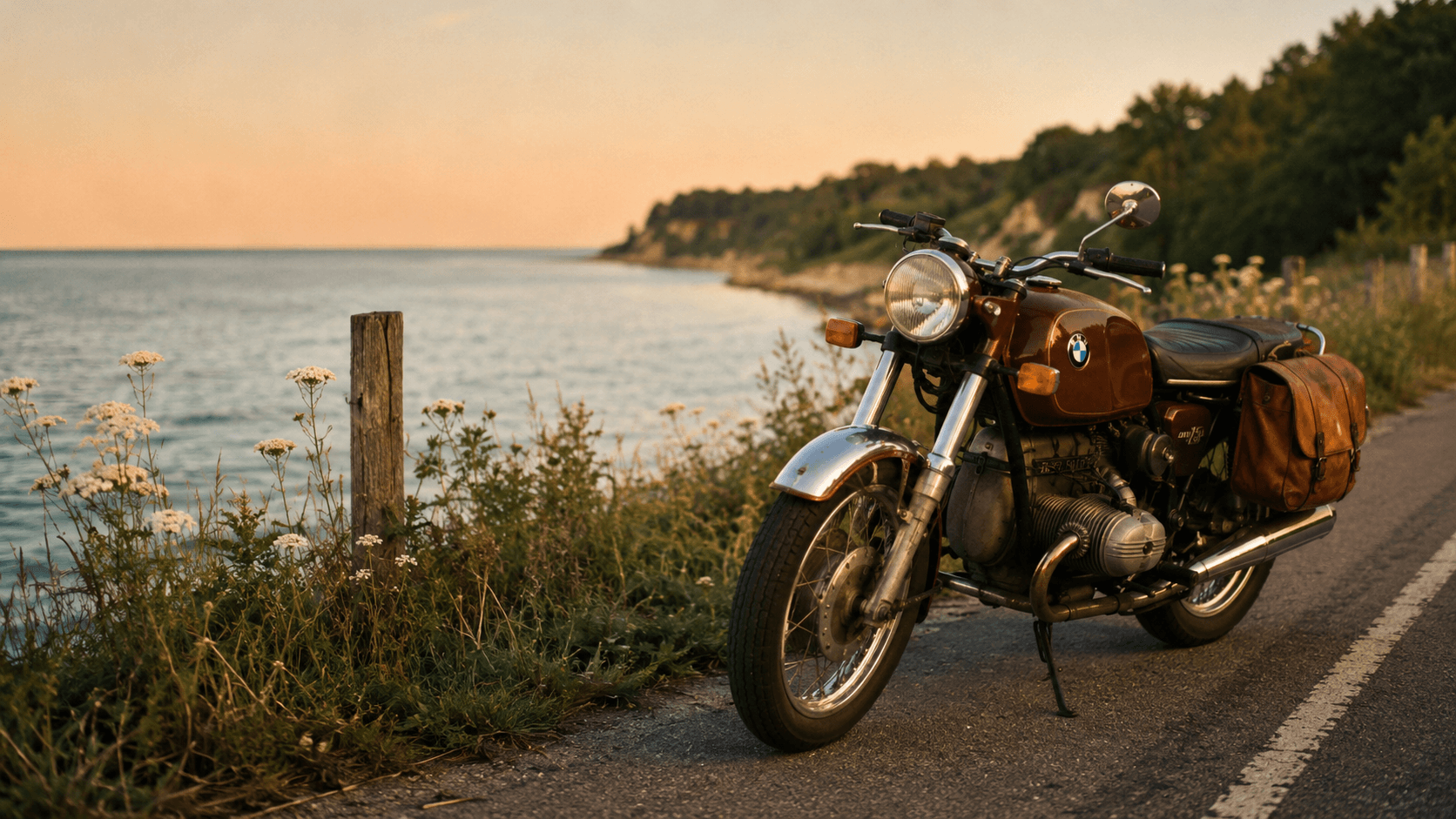 Vintage red BMW R-series motorcycle parked along Lake Huron at sunset