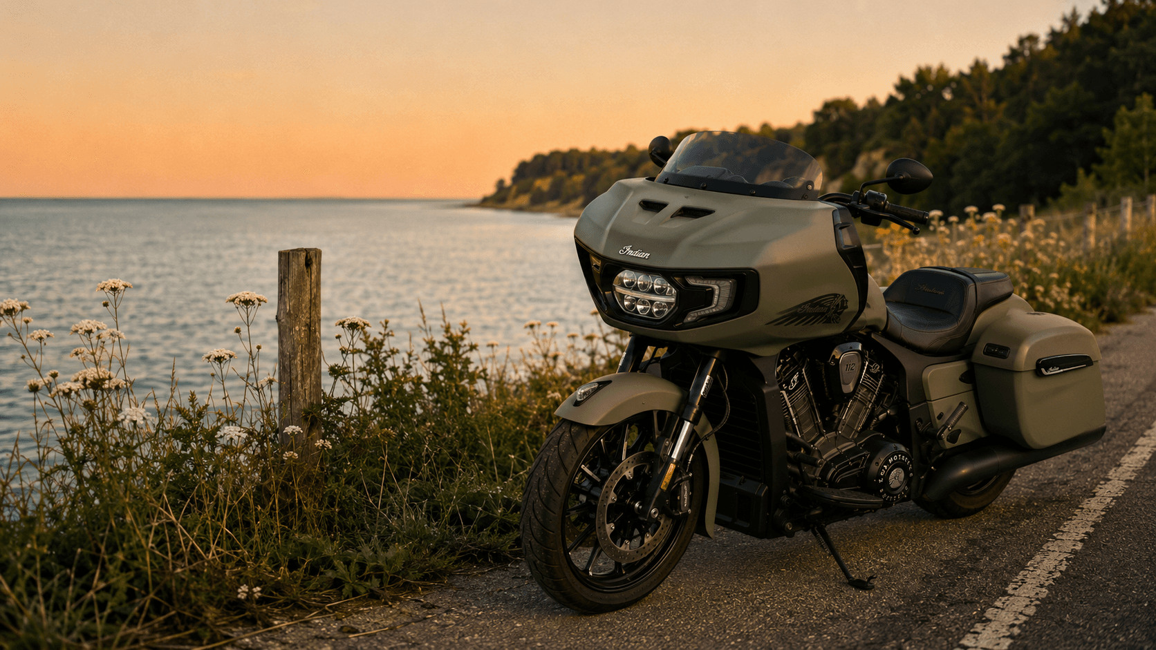 Olive-green Indian Challenger Dark Horse touring bike at the Great Lakes shore
