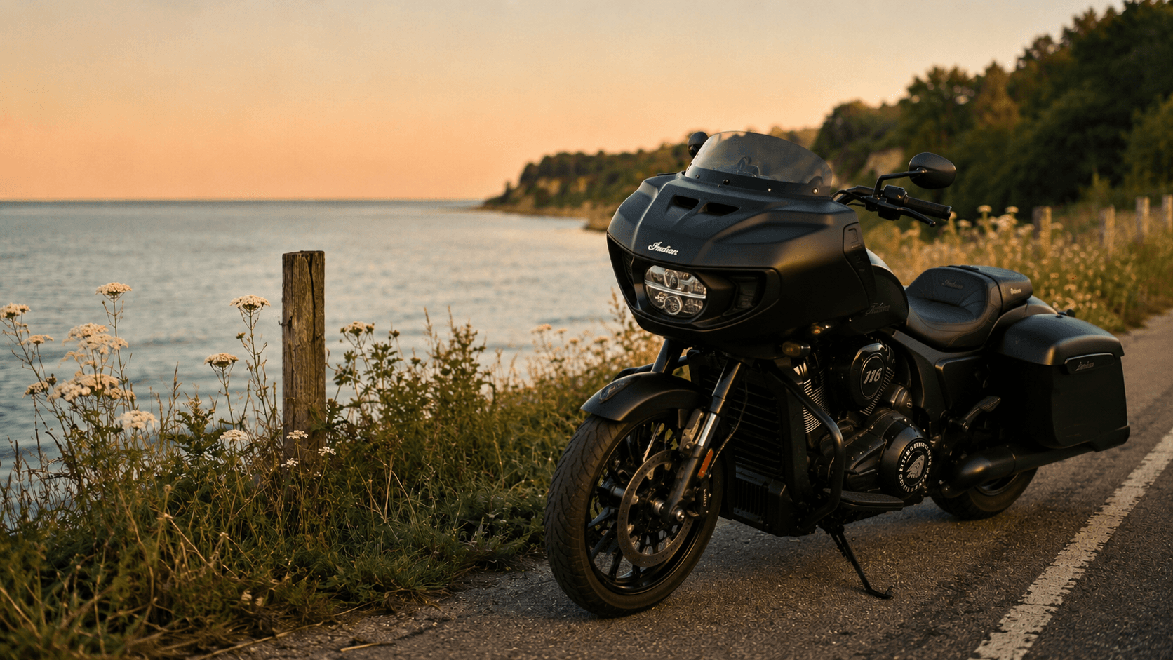 Black Indian Challenger Dark Horse touring bike at the Great Lakes shore